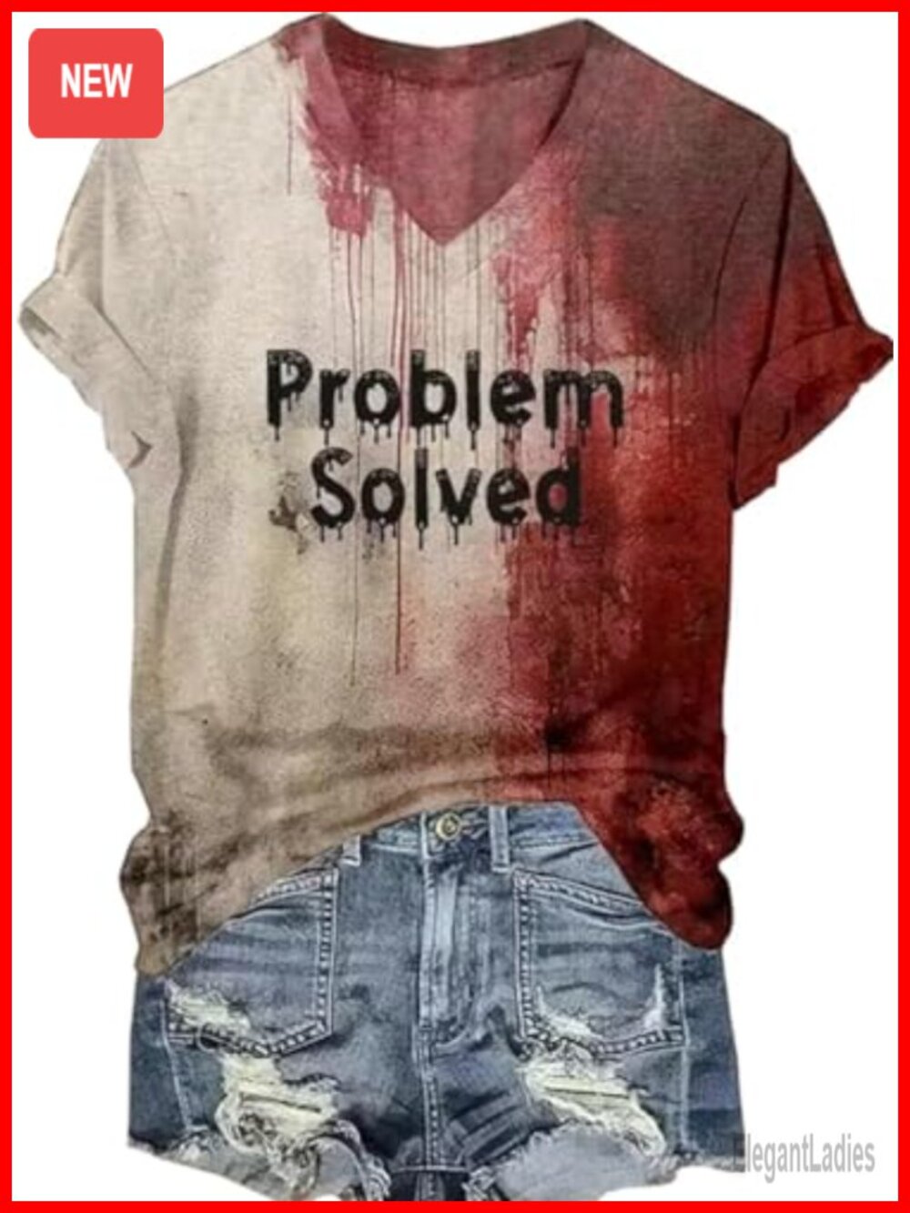 Womens I'm Fine Problem Solved Blood Horror Halloween Short Sleeve V-Neck Tee